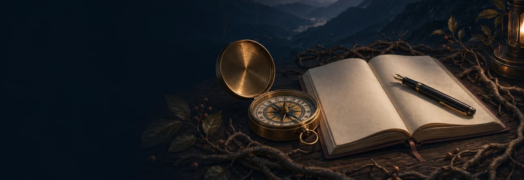 A brass compass and open journal under a mountain night sky