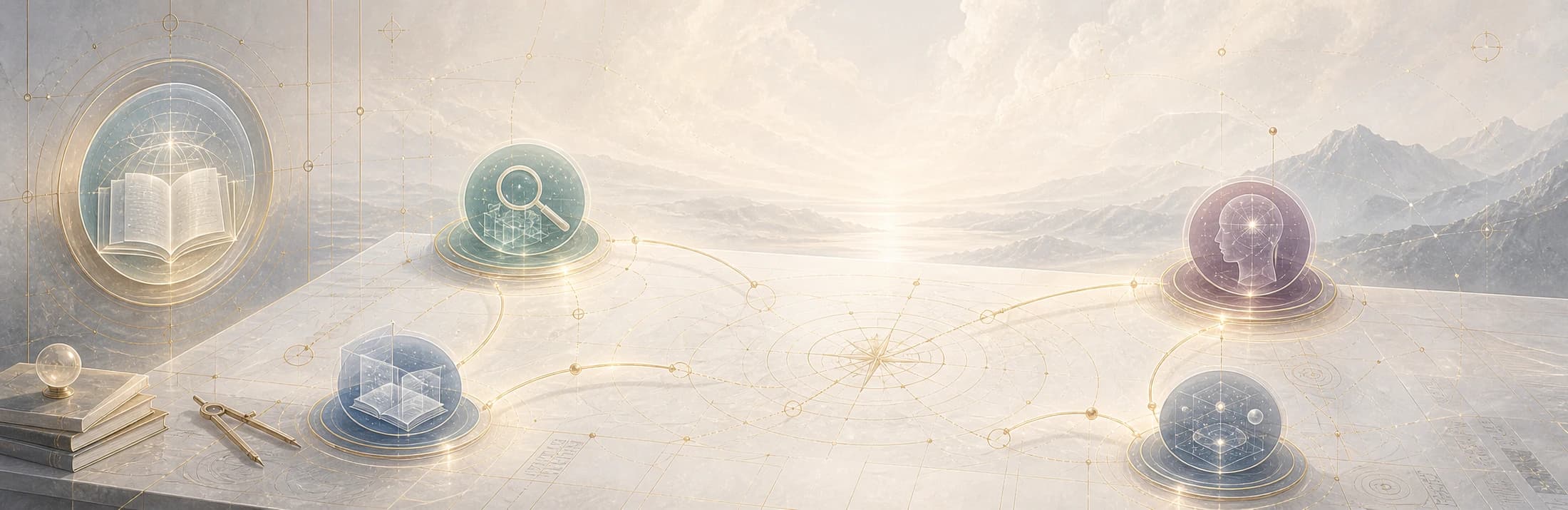A luminous atlas of connected learning paths and study symbols