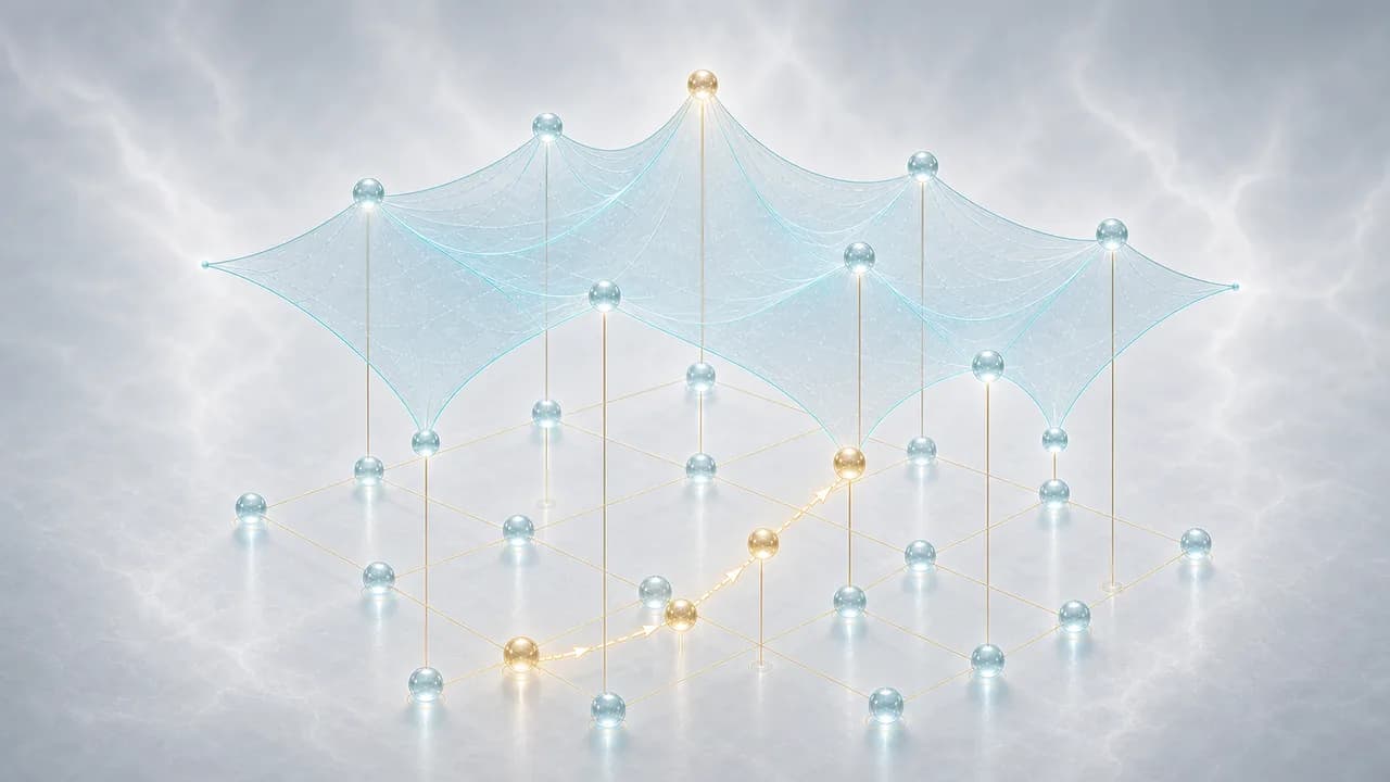 A toy binary configuration lattice lifts into a value surface with one search trace.