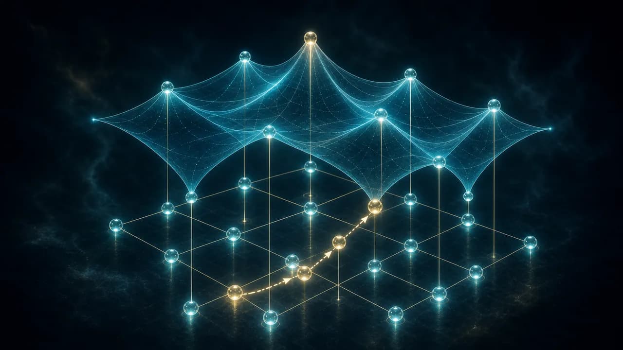 A toy binary configuration lattice lifts into a value surface with one search trace.