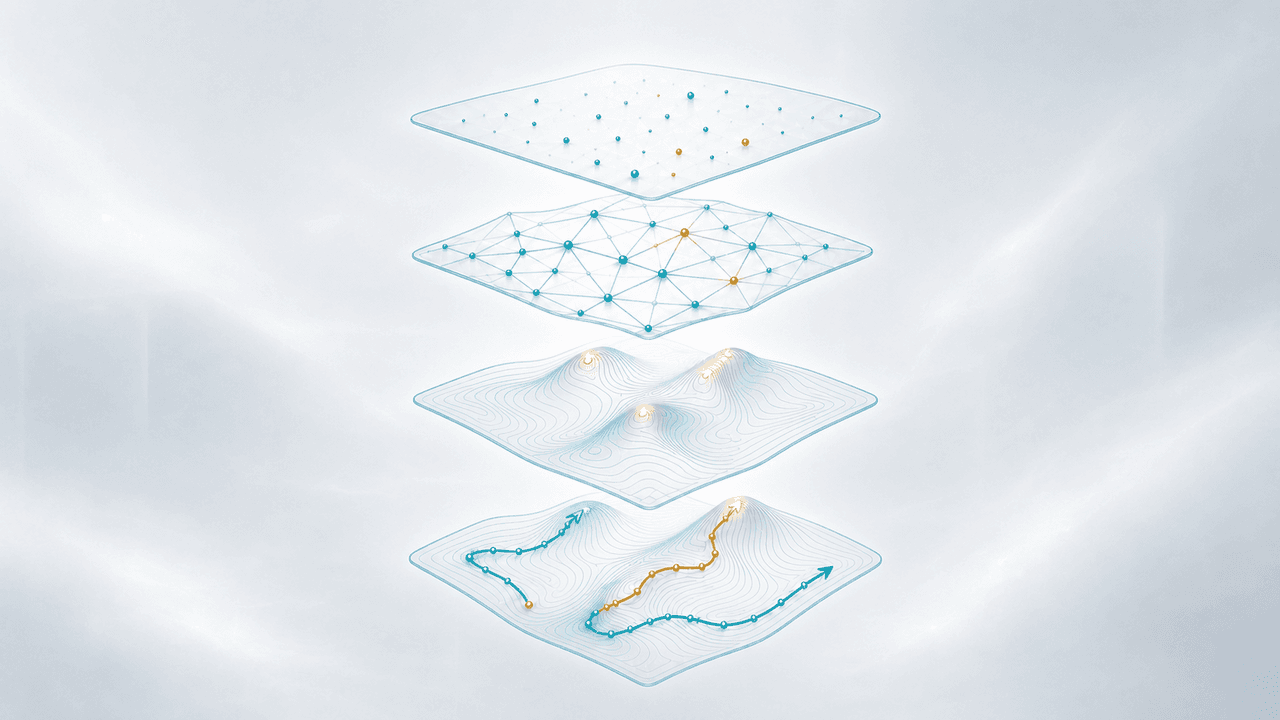 Adaptive landscape illustration with configuration points, contours, and search paths.