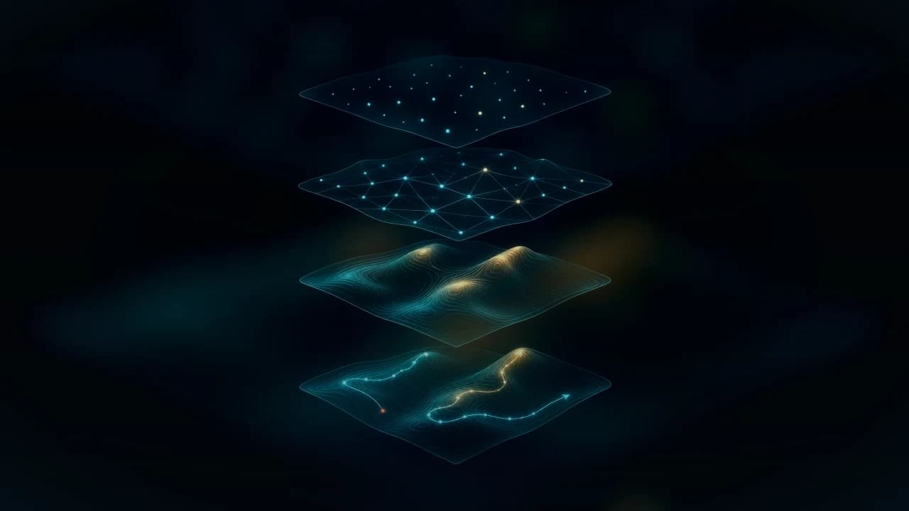 Adaptive landscape illustration with configuration points, contours, and search paths.