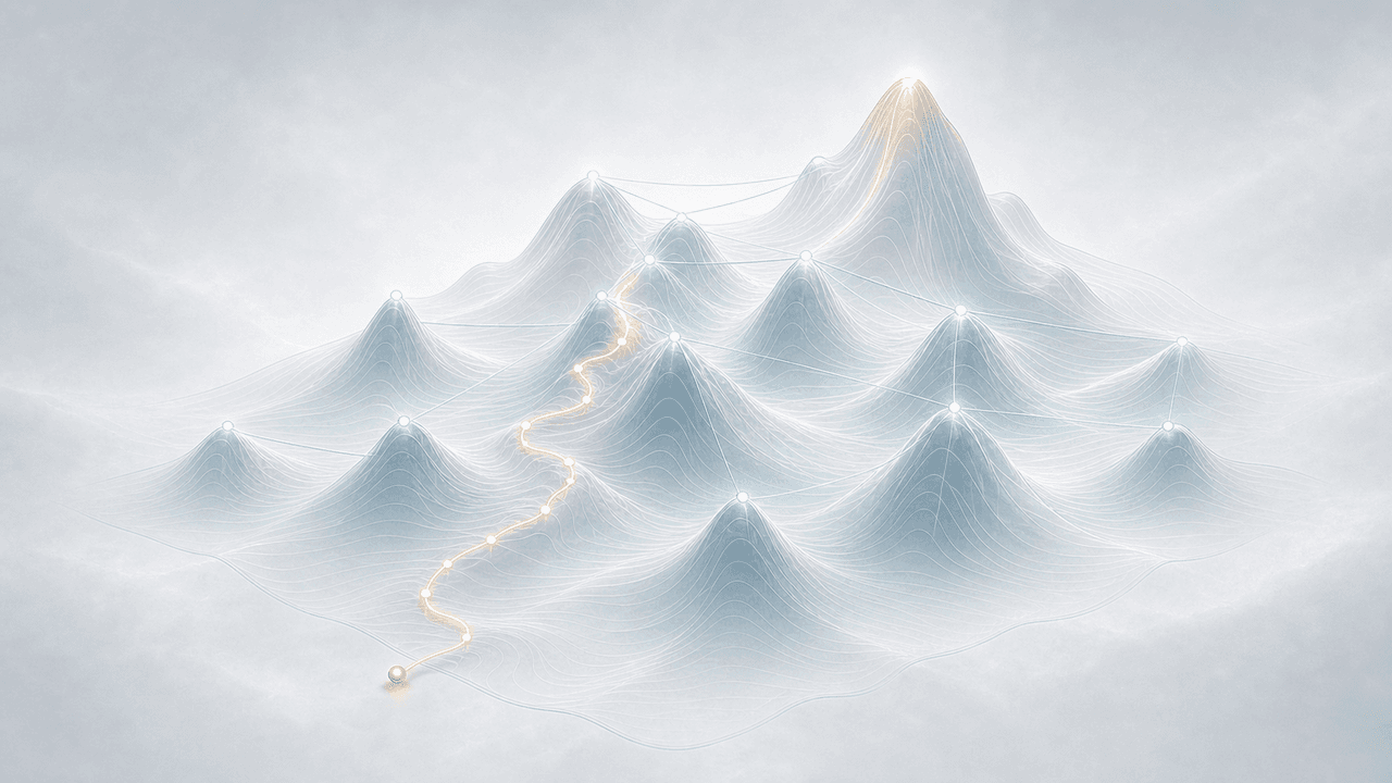 Adaptive landscape illustration for Rugged Landscapes: Interdependent Parts Can Create Local Traps.
