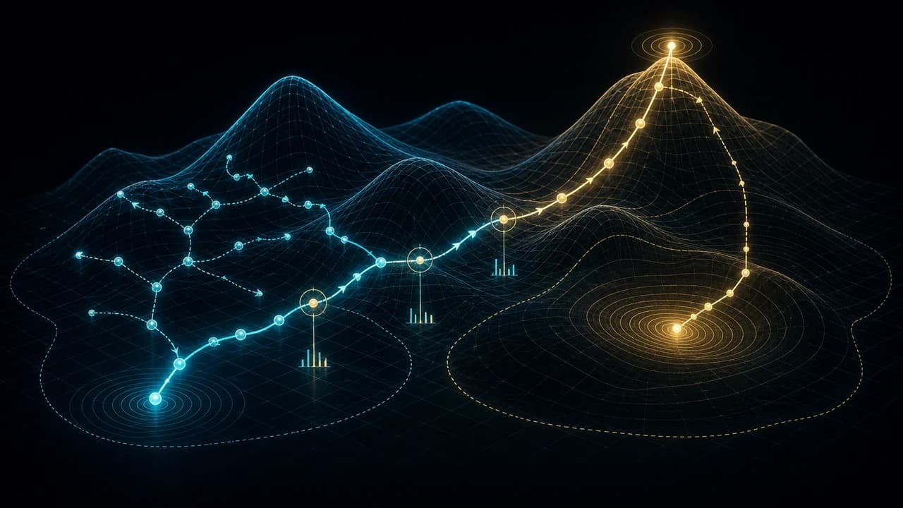 An adaptive search path explores, climbs, and gets trapped across a value landscape.