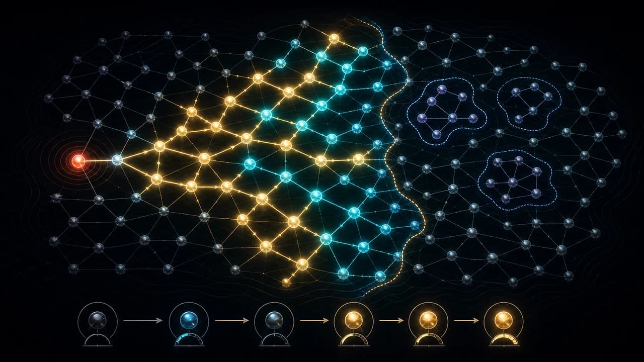 A threshold cascade spreads through connected nodes while resistant pockets stay inactive.