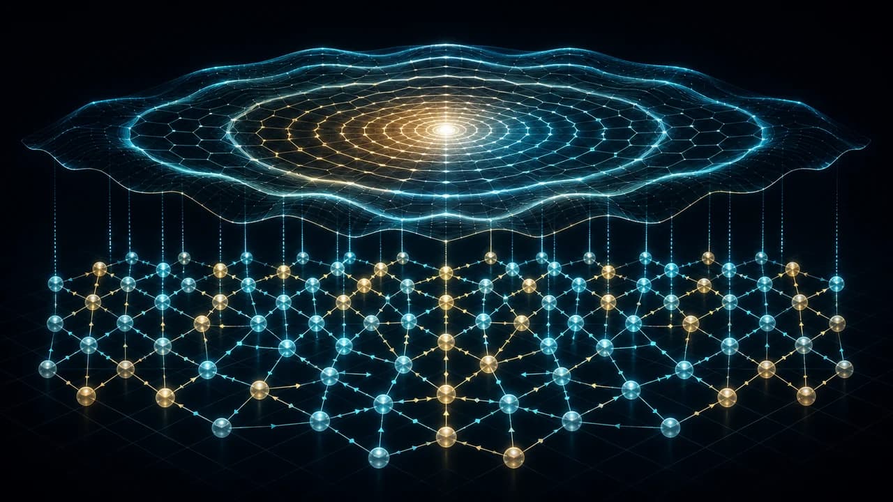 Local-rule agents on a lattice generate a coherent macro-pattern above their interactions.