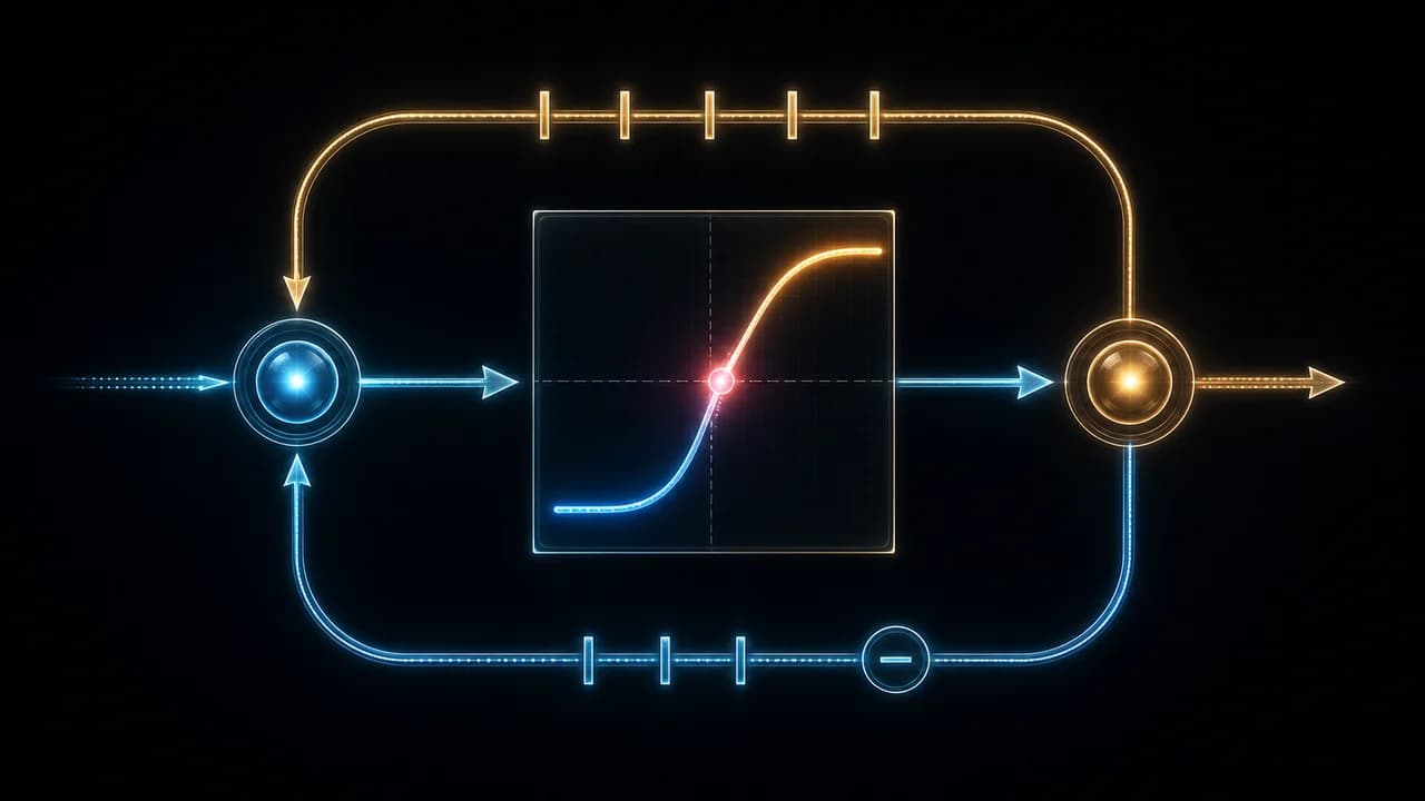 A nonlinear response curve sits inside a delayed return loop where output comes back as input.
