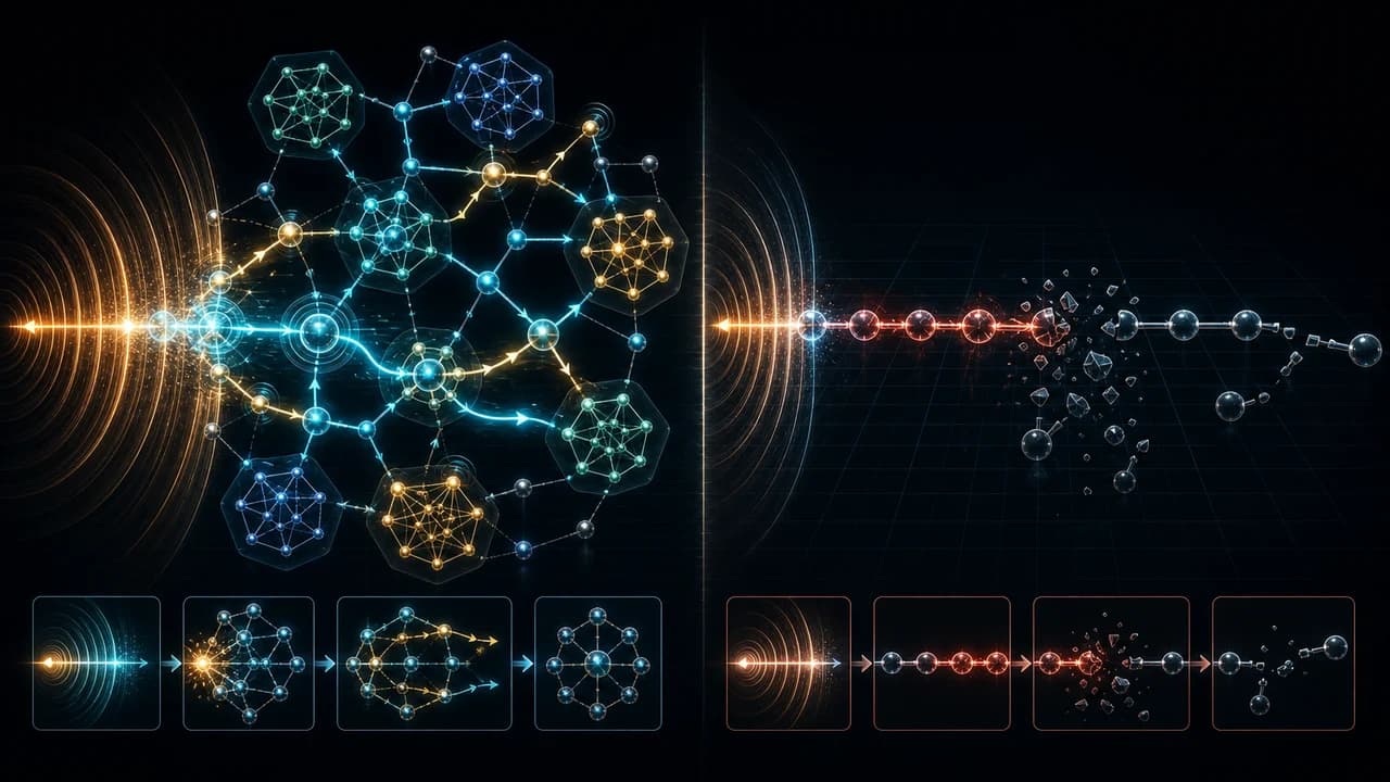 An intervention lever sends delayed ripples through a connected system with feedback paths and unintended consequences.