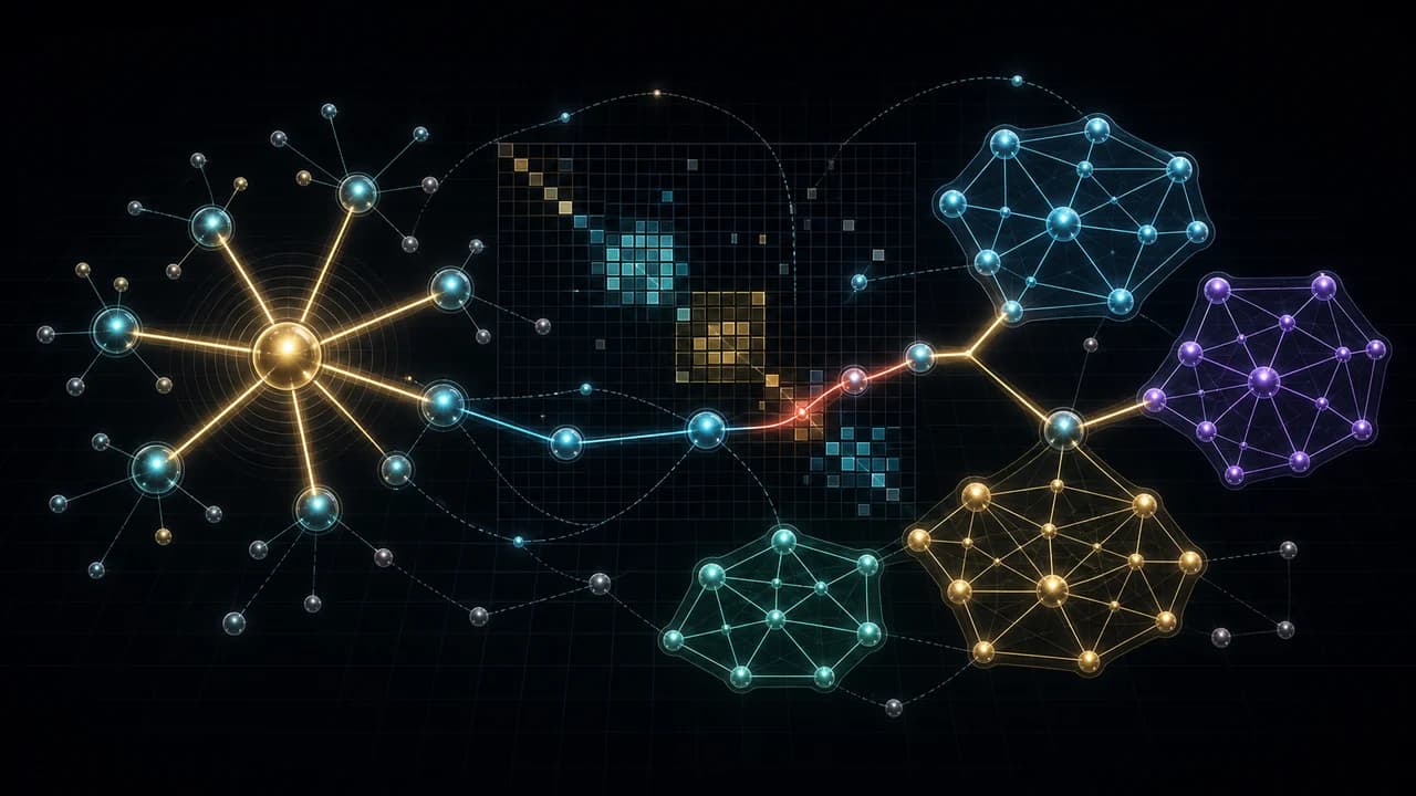 The same node set forms hubs, modules, bridges, weak ties, and different paths of influence.