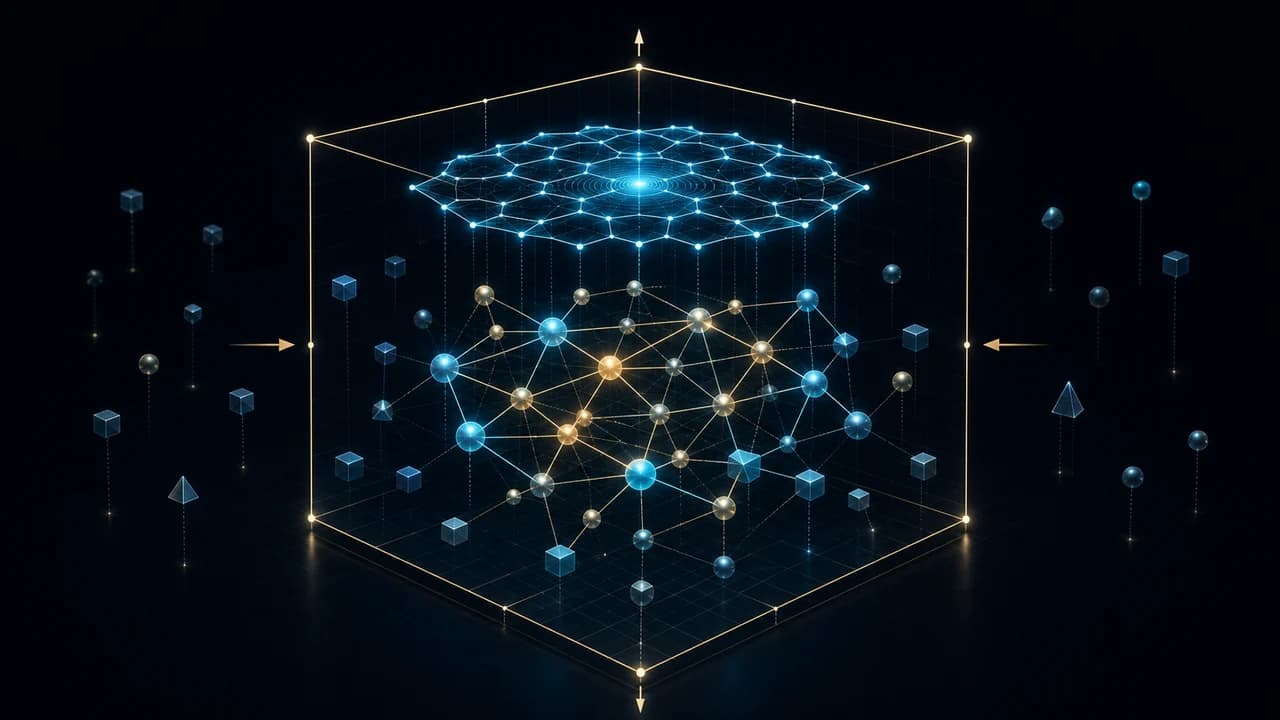 A bounded component network lifts into an emergent lattice while unconnected parts remain outside the pattern.