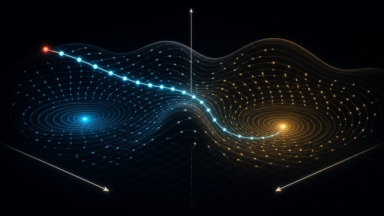 A trajectory moves through a coordinate state space with vector arrows and attractor basins.