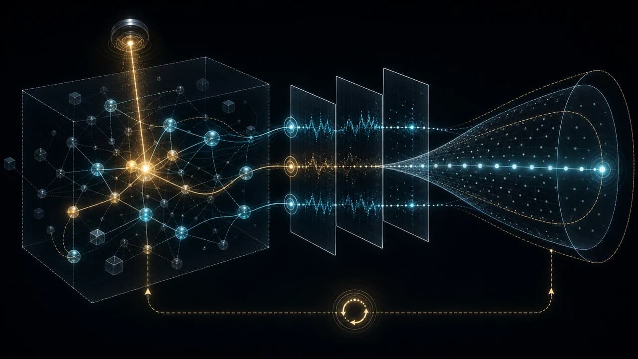 A partially hidden system sends noisy observations through measurement planes into a widening prediction cone.