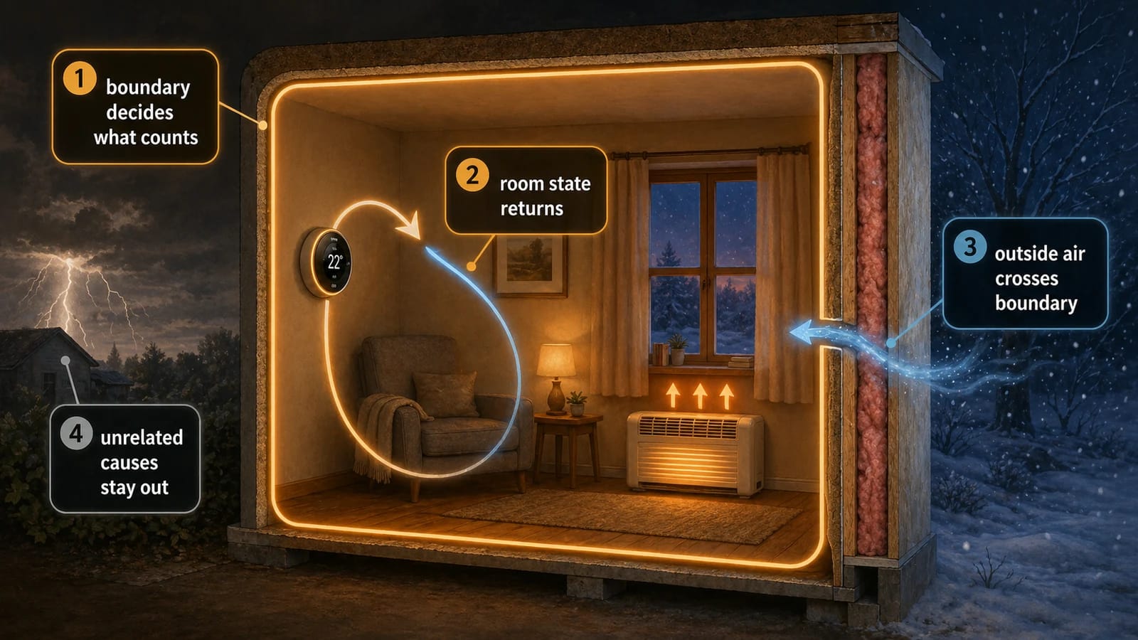 A room-boundary image with callouts showing what counts inside the model, the returning room state, outside air crossing the boundary, and unrelated causes staying out.