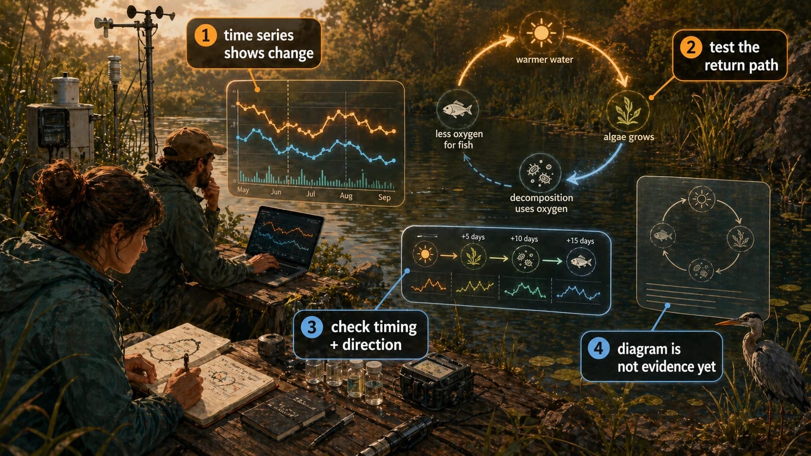 An evidence image with callouts: time series shows change, test the return path, check timing and direction, and the diagram is not evidence yet.