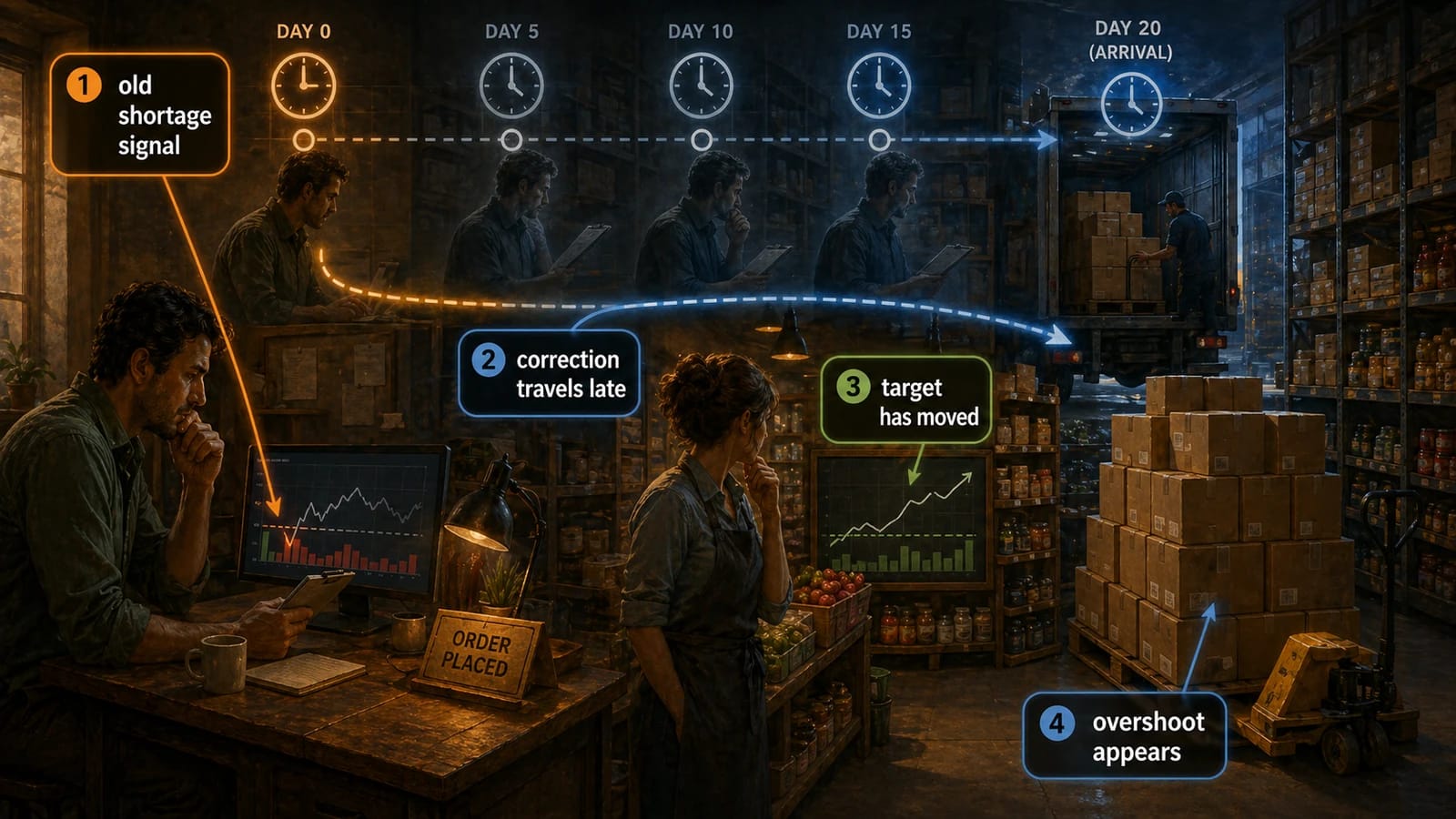 An inventory delay image with callouts: old shortage signal, correction travels late, target has moved, and overshoot appears.