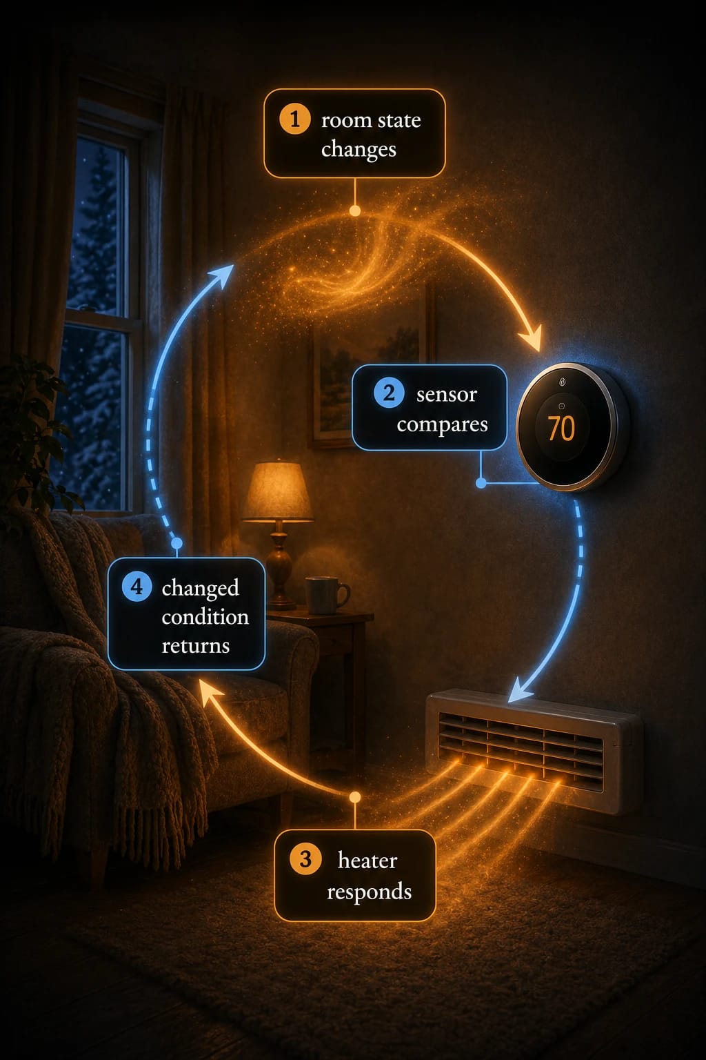 A thermostat loop with callouts: room state changes, sensor compares, heater responds, and the changed condition returns.