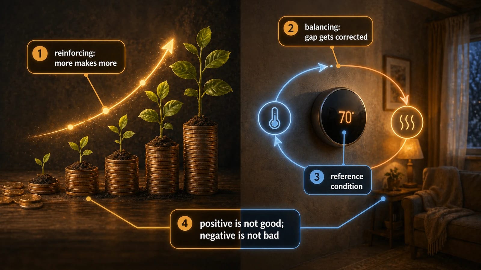 A polarity image with callouts contrasting reinforcing feedback, balancing correction, reference condition, and the warning that positive is not good and negative is not bad.