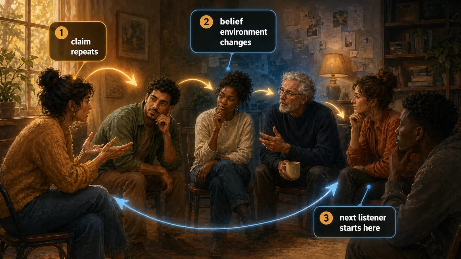 A rumor feedback image with callouts: claim repeats, belief environment changes, and next listener starts here.