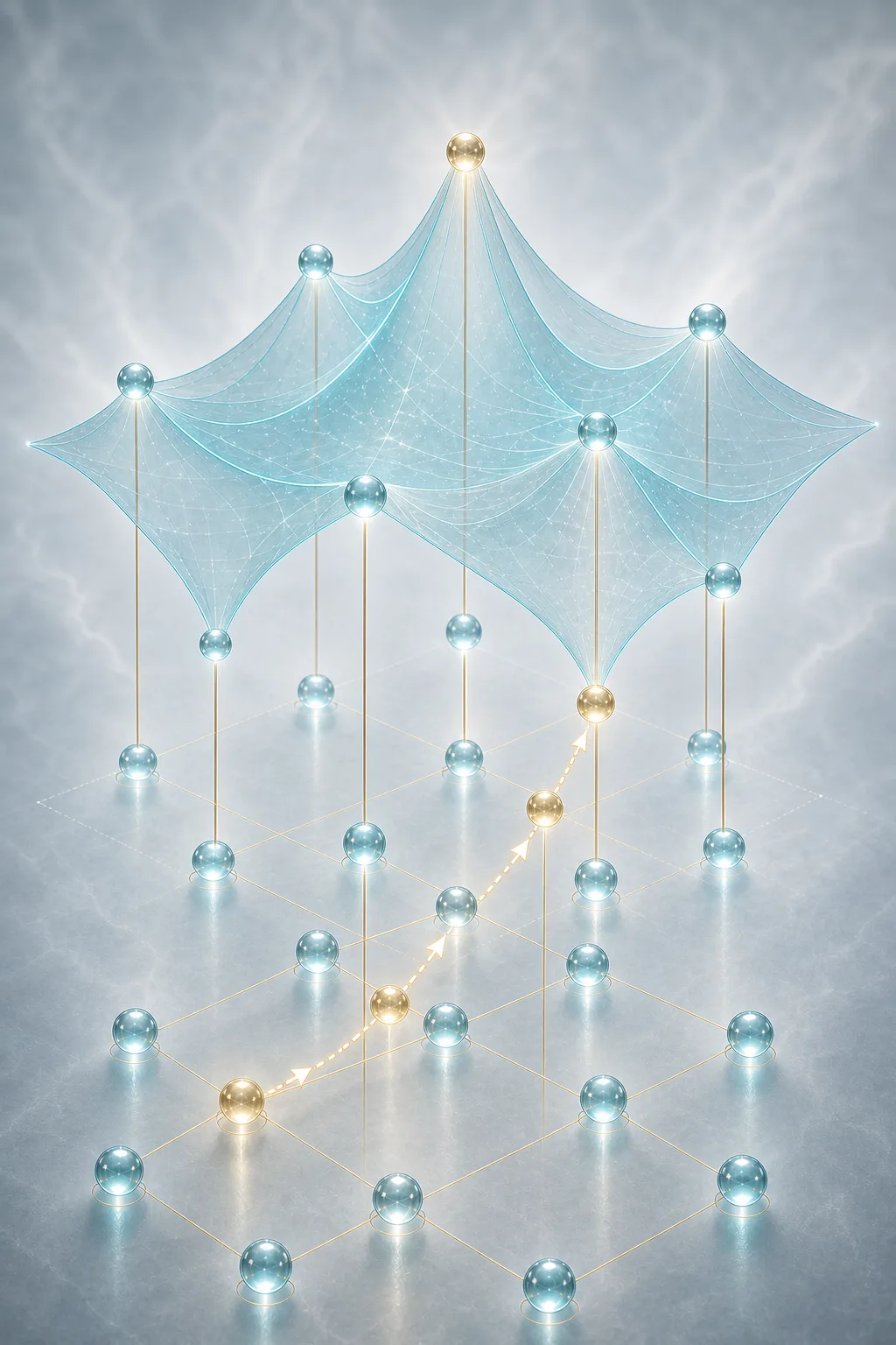 A toy binary configuration lattice lifts into a value surface while a search trace moves through neighbors.