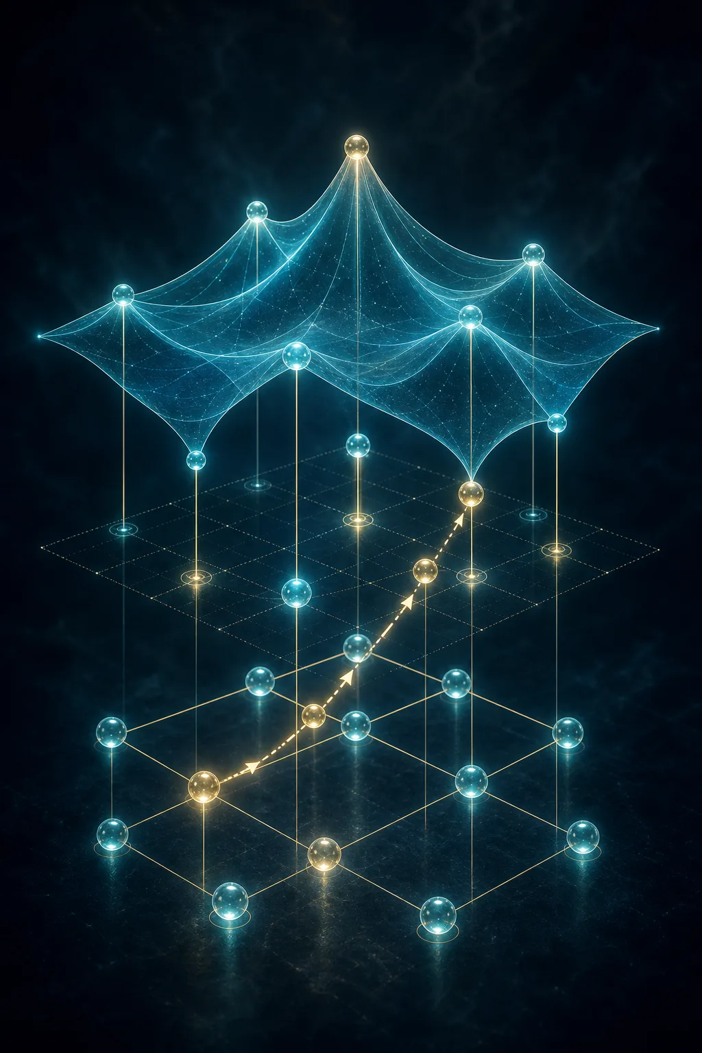 A toy binary configuration lattice lifts into a value surface while a search trace moves through neighbors.