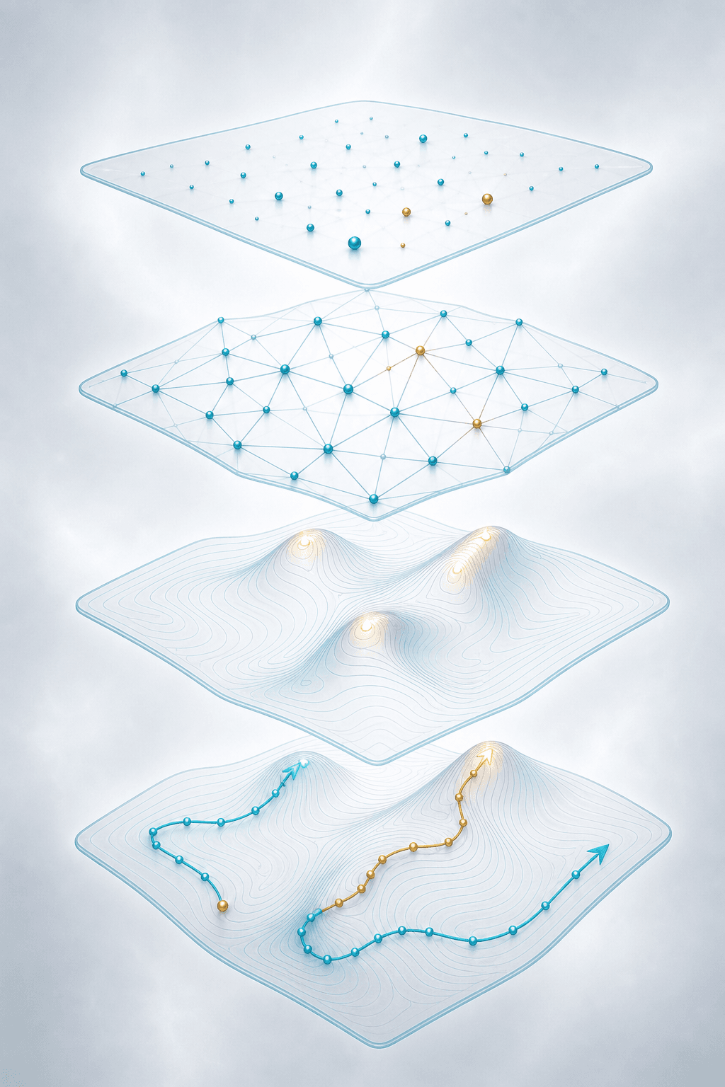 Layered nodes, paths, contours, and search traces show the four parts of a fitness landscape.