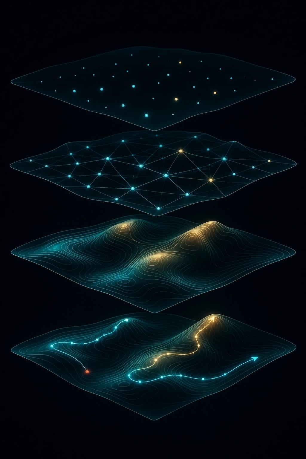 Layered nodes, paths, contours, and search traces show the four parts of a fitness landscape.