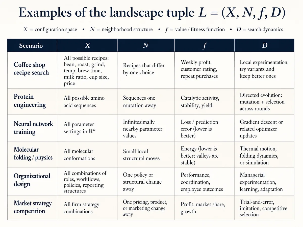 Examples of landscape tuples showing how configuration space, neighborhood, value function, and dynamics vary by experiment.