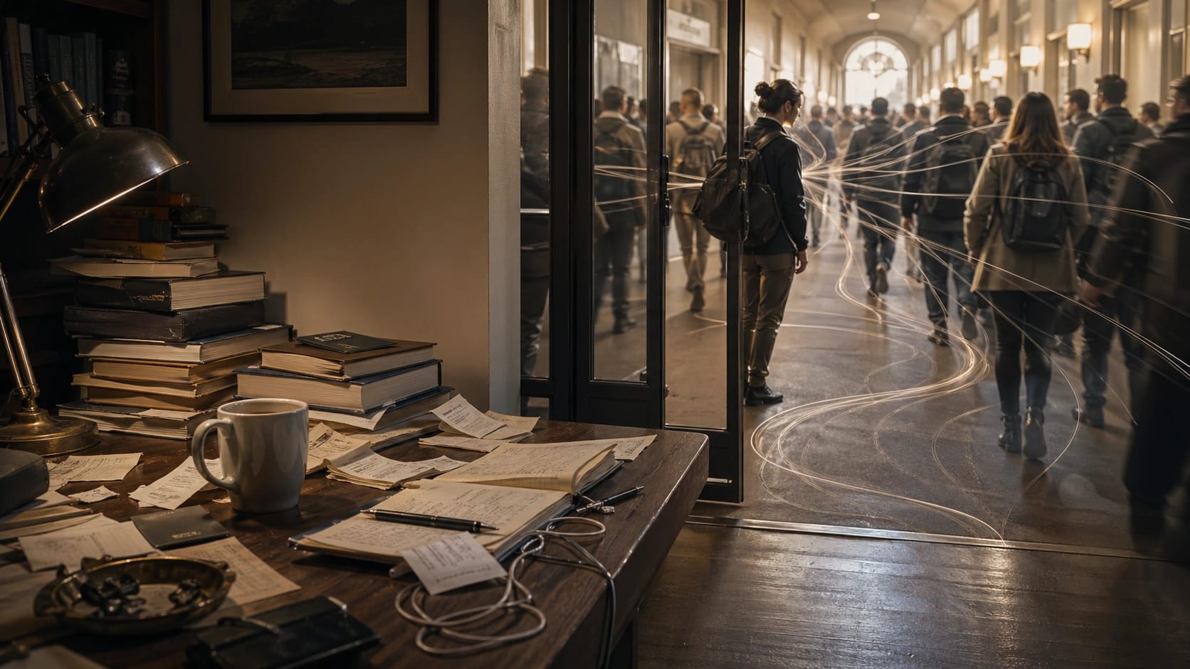 A still desk of separate objects beside a busy hallway where one person slowing changes the paths of others.