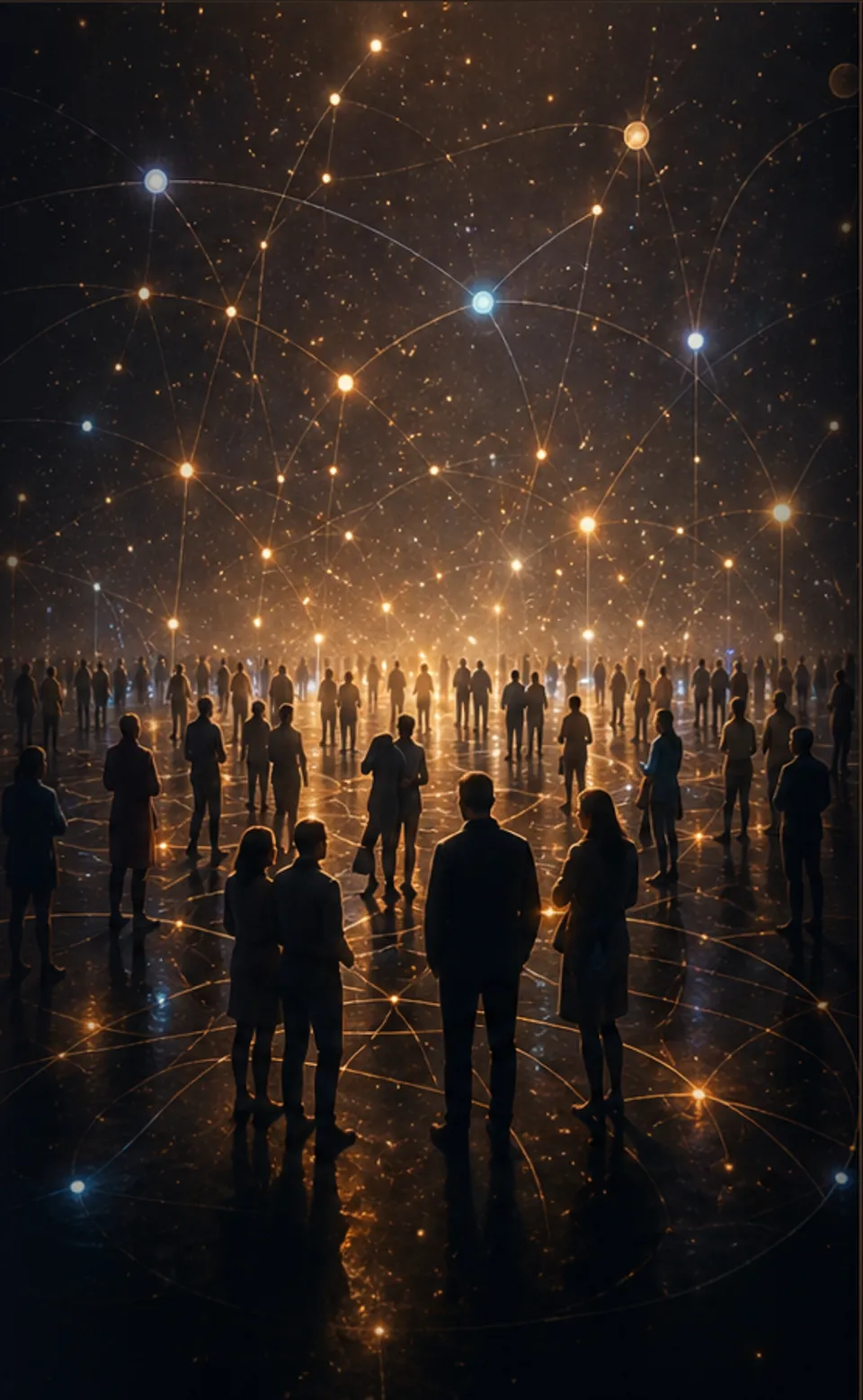 People standing inside a luminous web of local connections, showing how interactions become a system-level pattern.